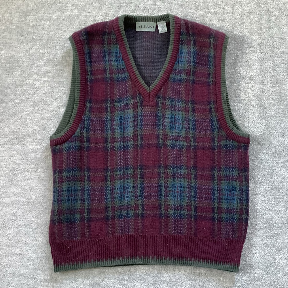Alfani V-Neck Plaid Woolblend Preppy Sweater Vest Sz. L